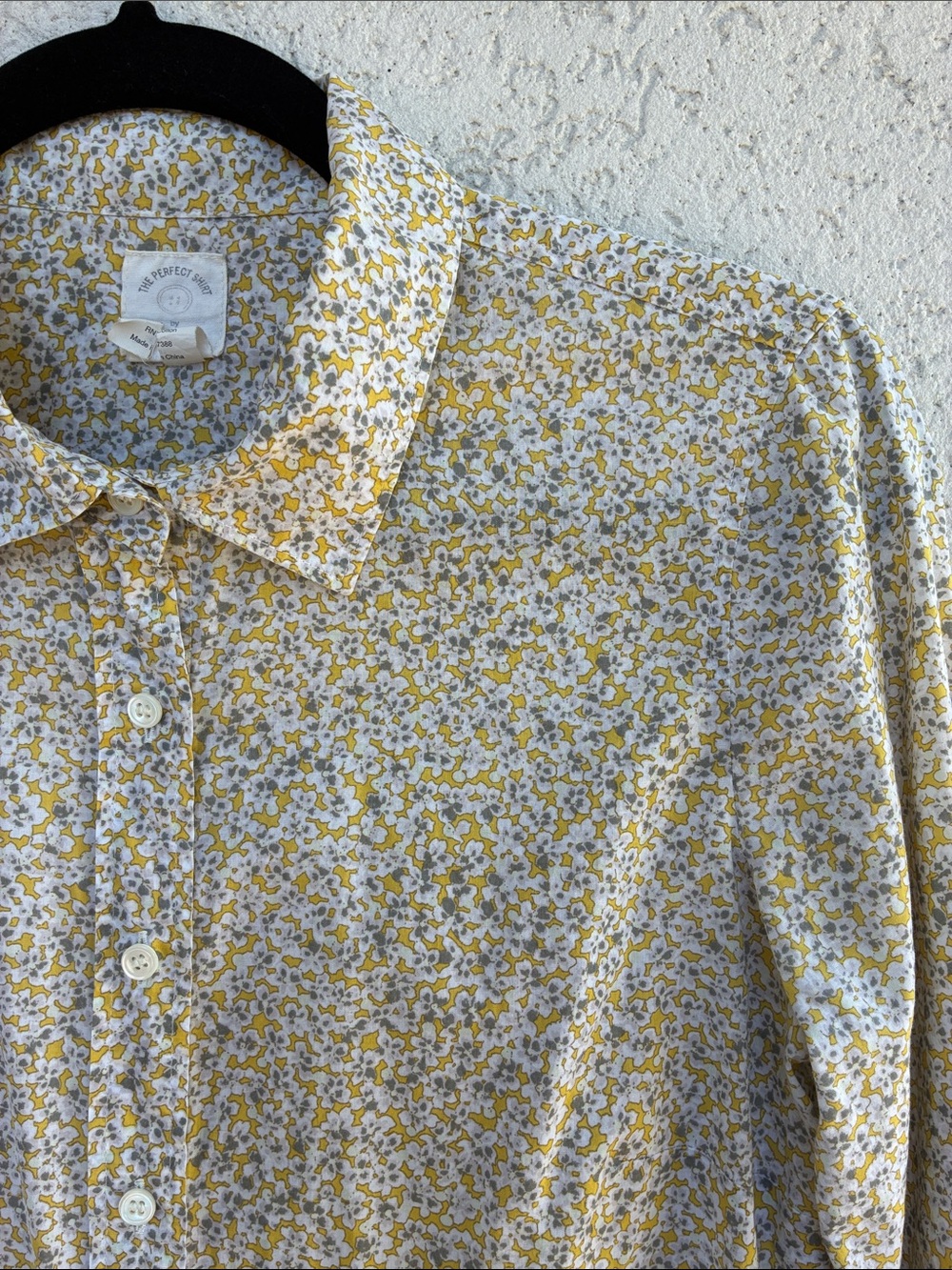 J Crew long sleeve button up white with small yellow & Grey floral